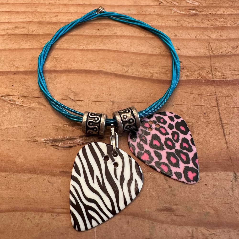 Electric Blue Guitar String Bracelet with Animal Print Guitar Pick Charms